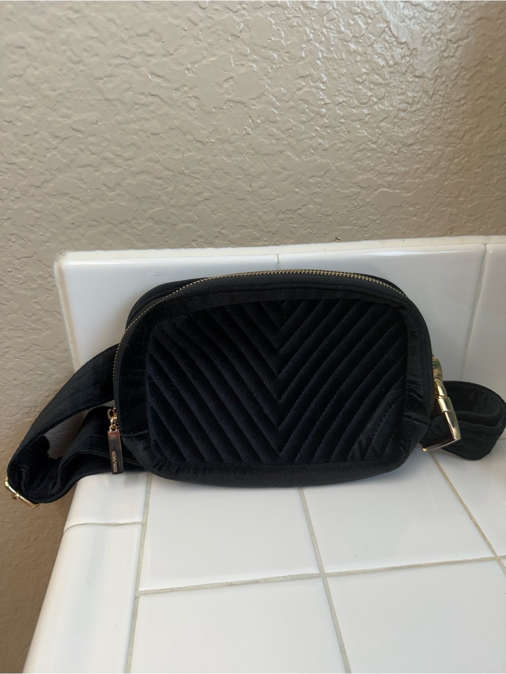 Remi & Reid Black Quilted Velvet Belt Bag with Gold Hardware